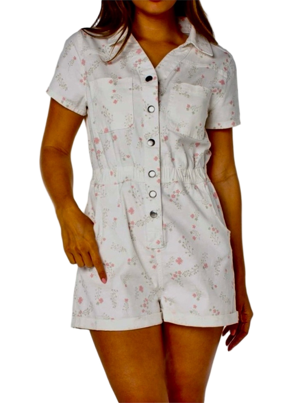 White Denim Short Jumpsuit Celebrity Pink Snap Button Up Front Size XXL